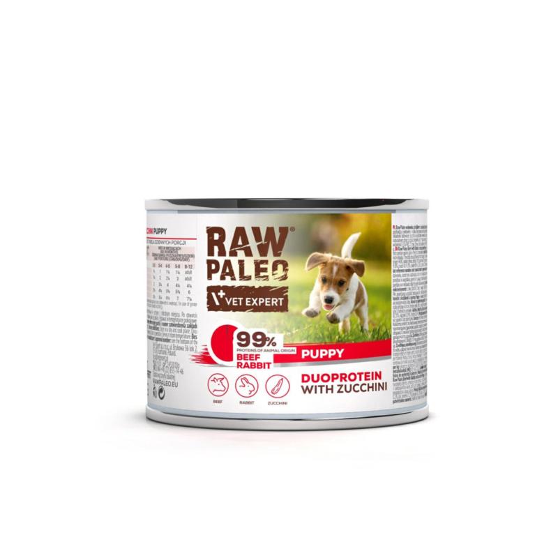 Karma mokra dla szczeniąt wołowina        z królikiem i cukinią 200 g RAW PALEO