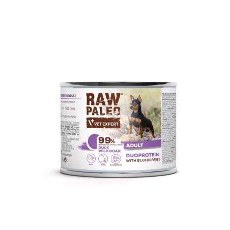Karma mokra dla psów dorosłych kaczka     z dzikiem i borówką 200 g  RAW PALEO