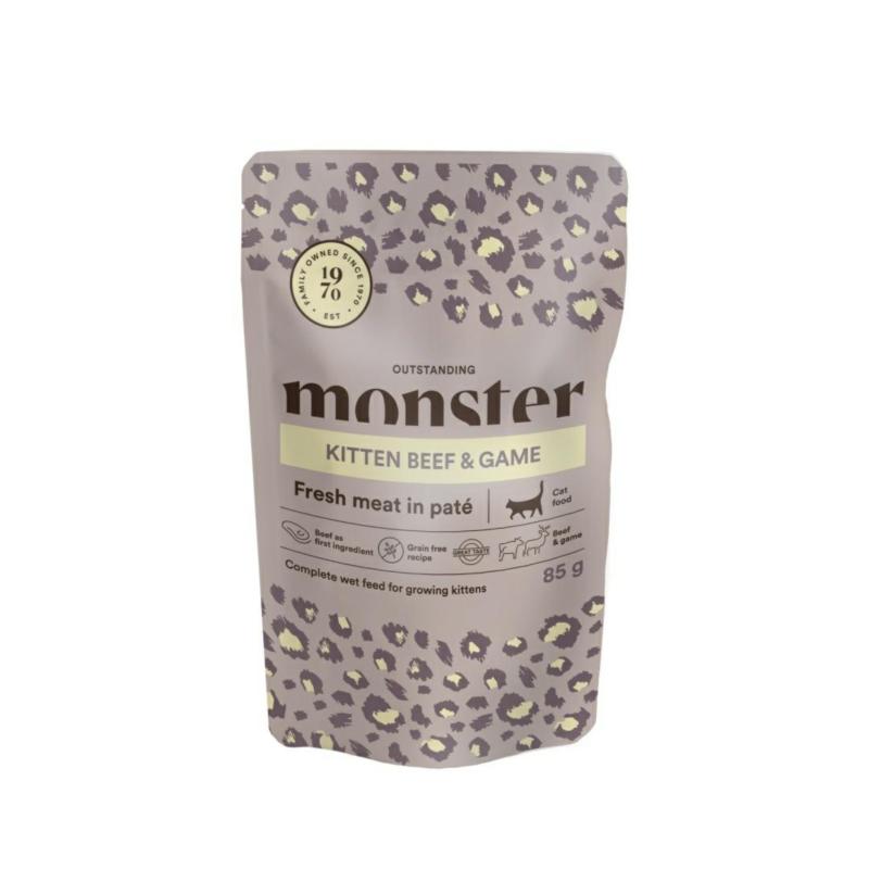 Karma mokra dla kociąt wołowina           i dziczyzna 85g  Monster Cat Pouches Kitten Beef/Game  MONSTER