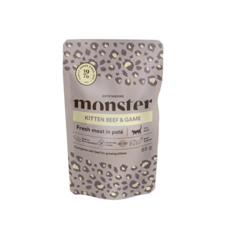 Karma mokra dla kociąt wołowina           i dziczyzna 85g  Monster Cat Pouches Kitten Beef/Game  MONSTER