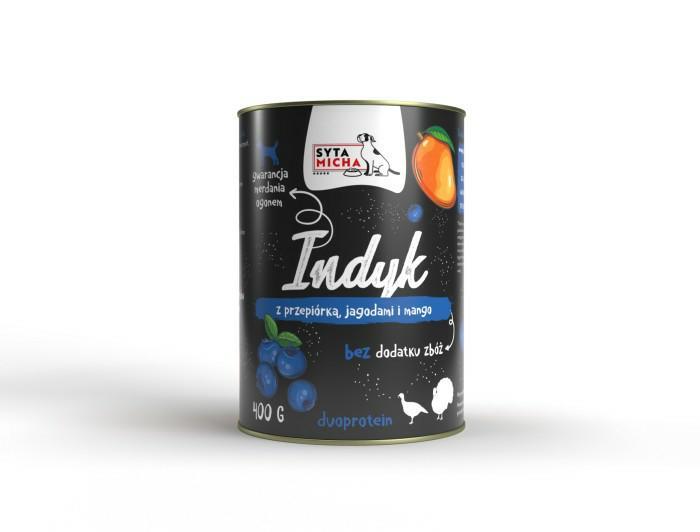 Karma mokra Indyk z przepiórką, jagodami i mango 400 g SYTA MICHA Karma mokra Indyk z przepiórką, jagodami i mango 400 g SYTA MICHA