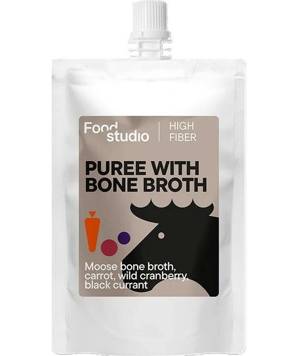 PUREE dla psów z bulionem kostnym         z ŁOSIA z marchewką, dziką żurawiną i czarną porzeczką 150ml FOOD STUDIO