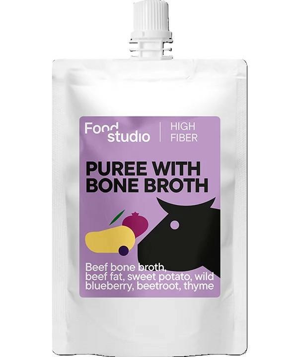 PUREE dla psów z bulionem kostnym         WOŁOWYM z batatami, dzikimi jagodami, burakami i tymiankiem 150ml FOOD STUDIO